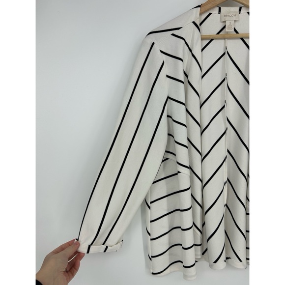 Chico’s Striped White Black Cardigan Open Front Stretch Sweater - Picture 5 of 7